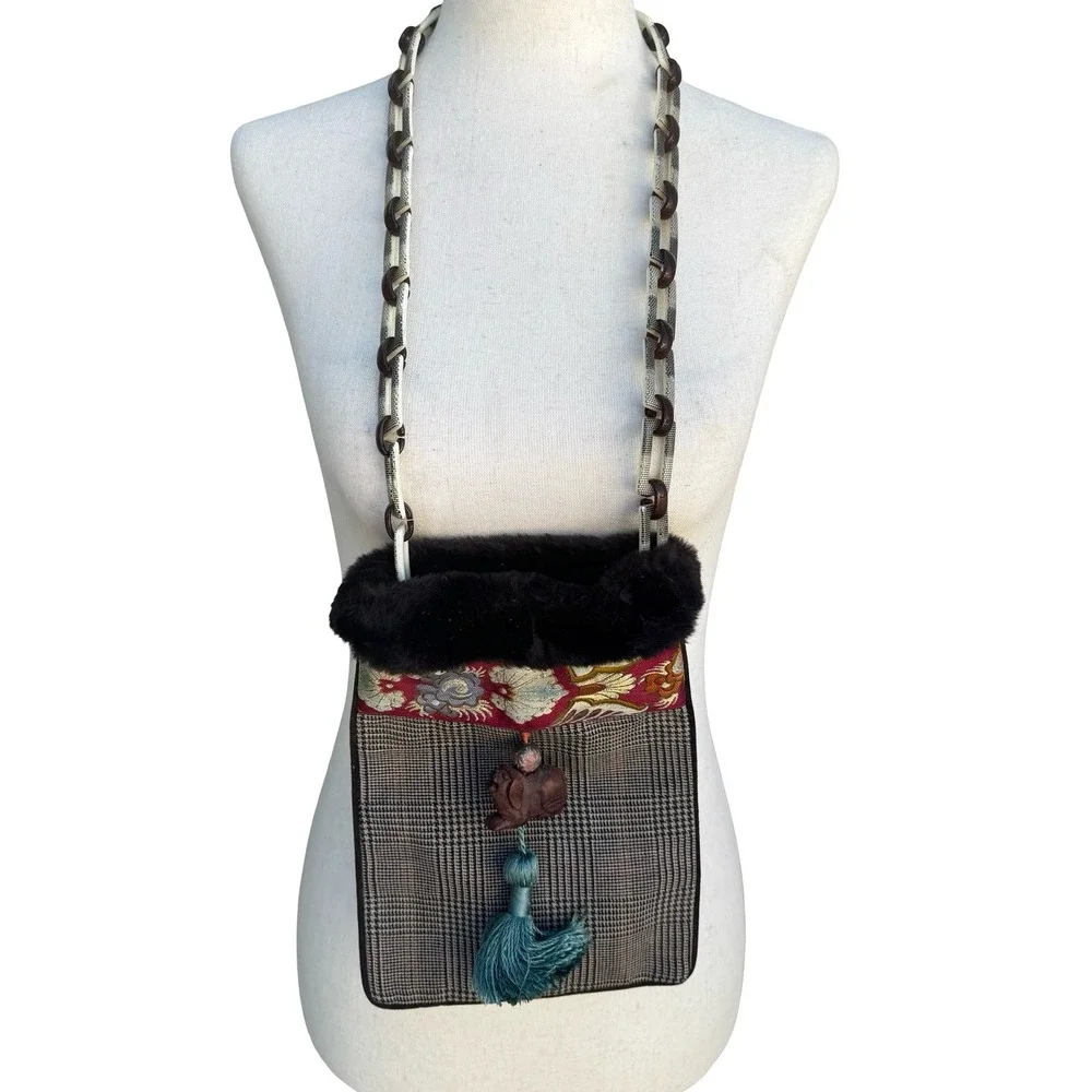 Vintage Mixed Media Shoulder Bag Fur Faux Fur Trim Plaid Floral Brocade Tassel